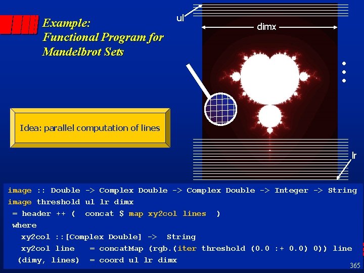 Example: Functional Program for Mandelbrot Sets ul dimx Idea: parallel computation of lines lr