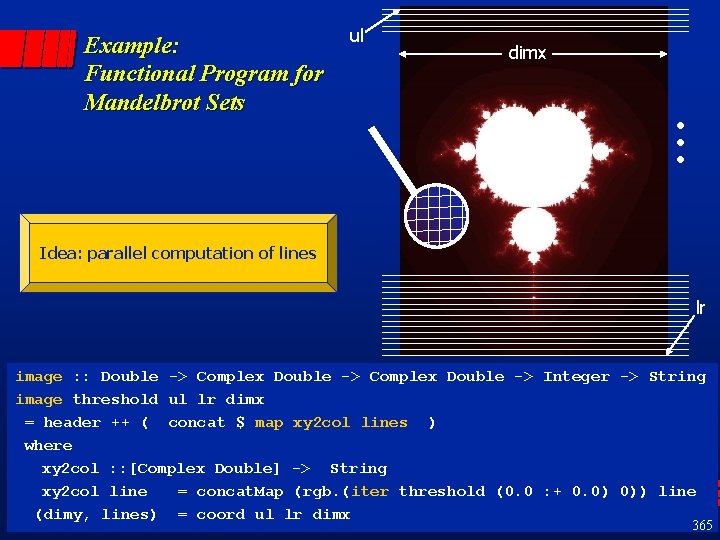 Example: Functional Program for Mandelbrot Sets ul dimx Idea: parallel computation of lines lr