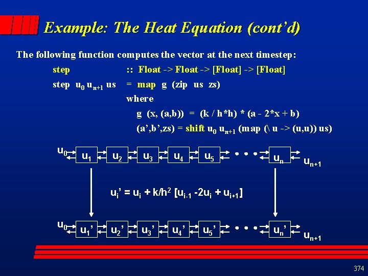Example: The Heat Equation (cont’d) The following function computes the vector at the next