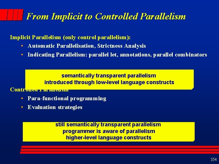 From Implicit to Controlled Parallelism Implicit Parallelism (only control parallelism): • Automatic Parallelisation, Strictness
