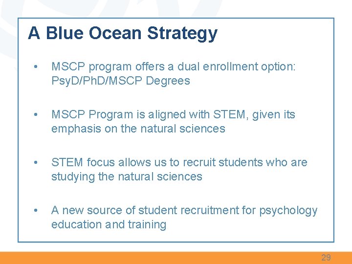 A Blue Ocean Strategy • MSCP program offers a dual enrollment option: Psy. D/Ph. A Blue Ocean Strategy • MSCP program offers a dual enrollment option: Psy. D/Ph.