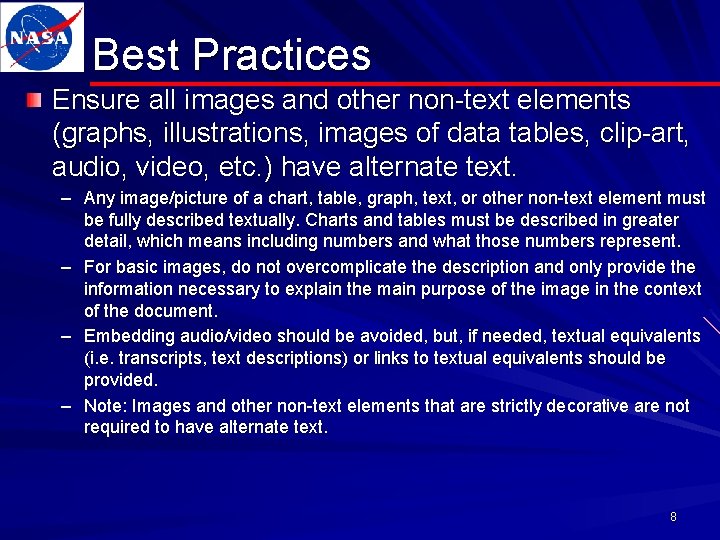 Best Practices Ensure all images and other non-text elements (graphs, illustrations, images of data