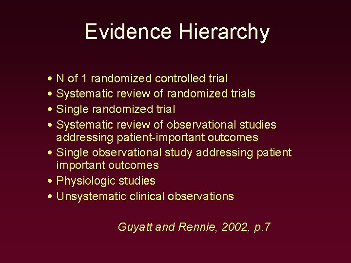 Evidence Hierarchy • N of 1 randomized controlled trial • Systematic review of randomized