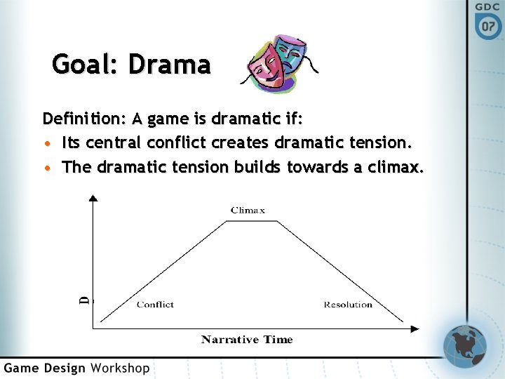 Goal: Drama Definition: A game is dramatic if: • Its central conflict creates dramatic
