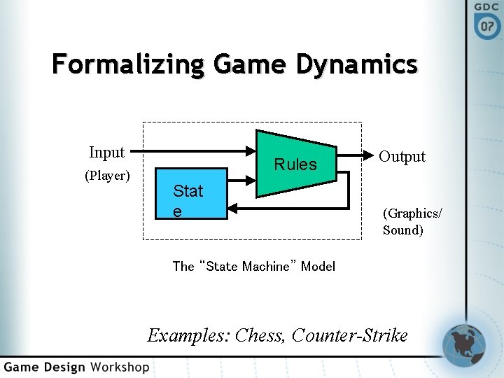 Formalizing Game Dynamics Input (Player) Rules Stat e Output (Graphics/ Sound) The “State Machine”