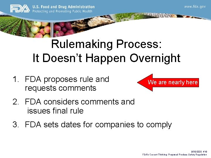 Rulemaking Process: It Doesn’t Happen Overnight 1. FDA proposes rule and requests comments We