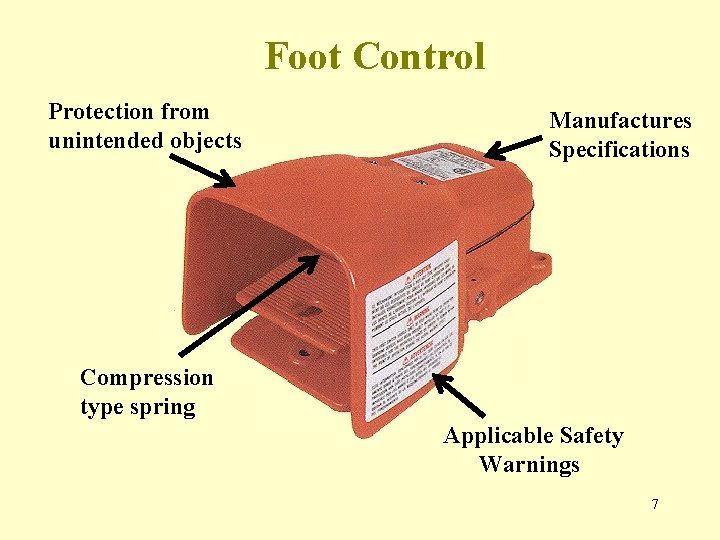 Foot Control Protection from unintended objects Manufactures Specifications Compression type spring Applicable Safety Warnings