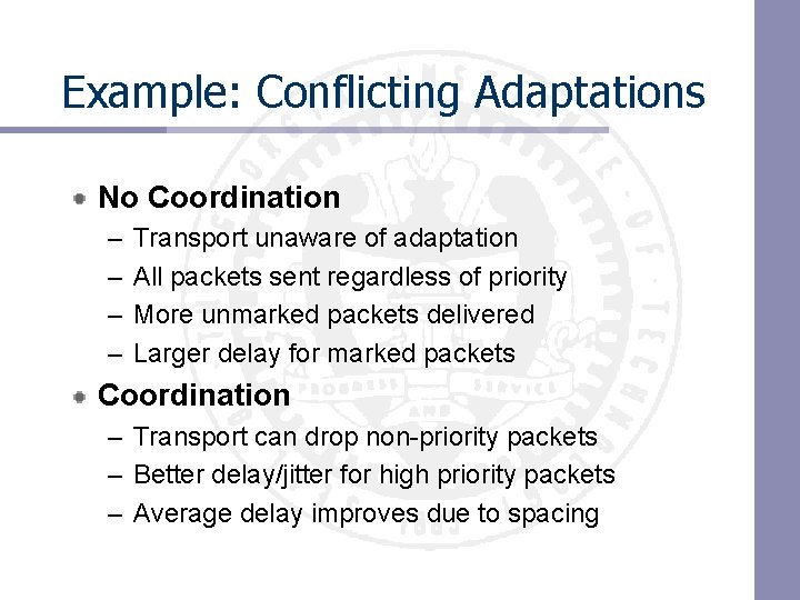 Example: Conflicting Adaptations No Coordination – – Transport unaware of adaptation All packets sent Example: Conflicting Adaptations No Coordination – – Transport unaware of adaptation All packets sent