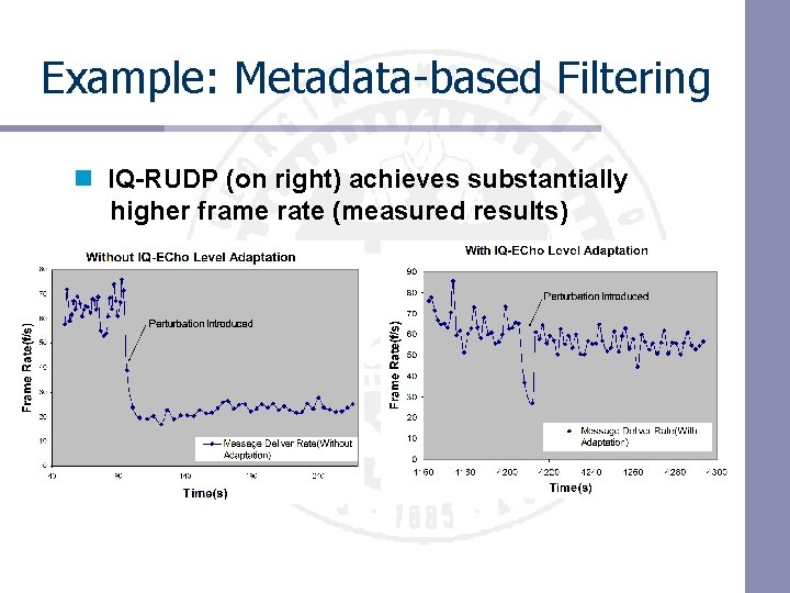 Example: Metadata-based Filtering n IQ-RUDP (on right) achieves substantially higher frame rate (measured results) Example: Metadata-based Filtering n IQ-RUDP (on right) achieves substantially higher frame rate (measured results)
