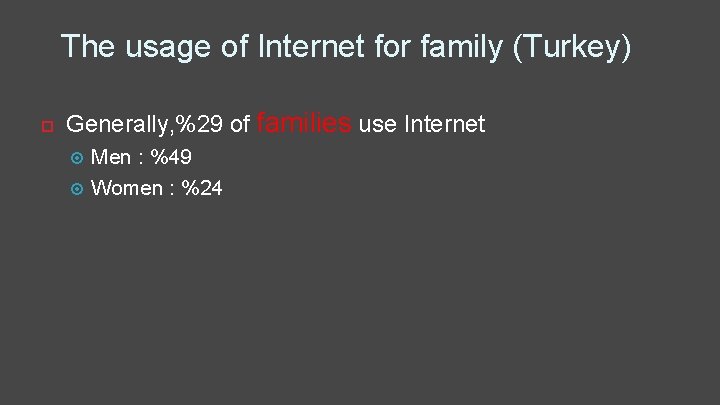 The usage of Internet for family (Turkey) Generally, %29 of families use Internet Men
