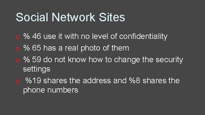 Social Network Sites % 46 use it with no level of confidentiality % 65