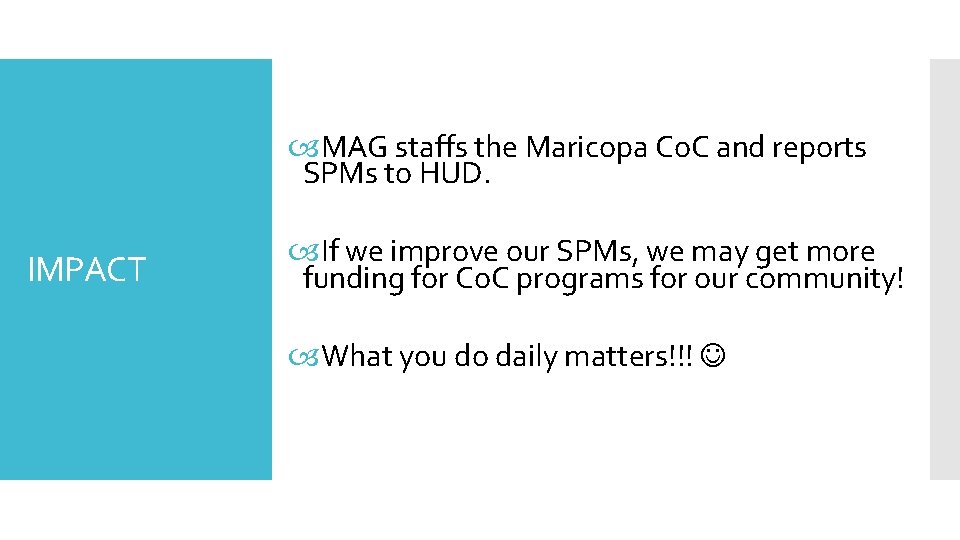  MAG staffs the Maricopa Co. C and reports SPMs to HUD. IMPACT If