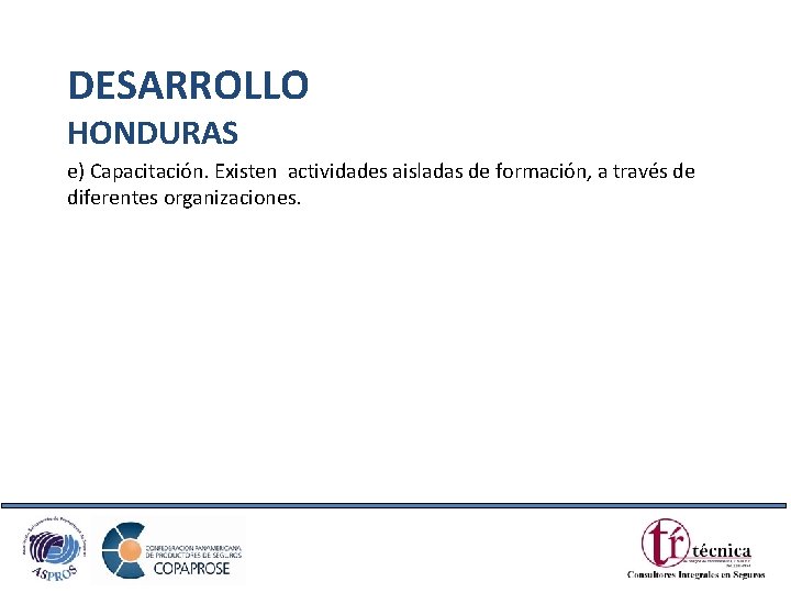 DESARROLLO HONDURAS e) Capacitación. Existen actividades aisladas de formación, a través de diferentes organizaciones.