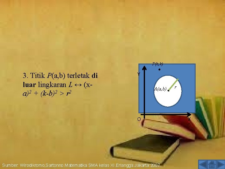 3. Titik P(a, b) terletak di luar lingkaran L ↔ (x a)2 + (k-b)2