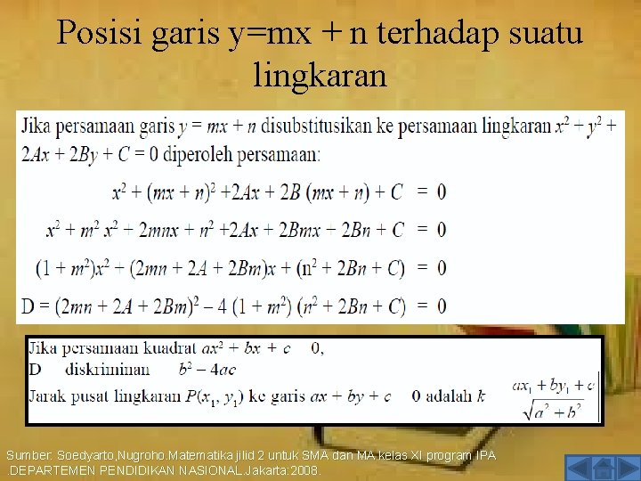 Posisi garis y=mx + n terhadap suatu lingkaran Sumber: Soedyarto, Nugroho. Matematika jilid 2