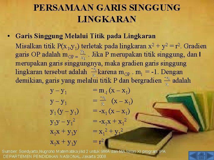 PERSAMAAN GARIS SINGGUNG LINGKARAN • Garis Singgung Melalui Titik pada Lingkaran Misalkan titik P(x