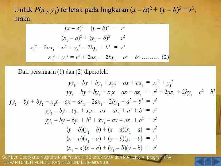 Untuk P(x 1, y 1) terletak pada lingkaran (x – a)2 + (y –