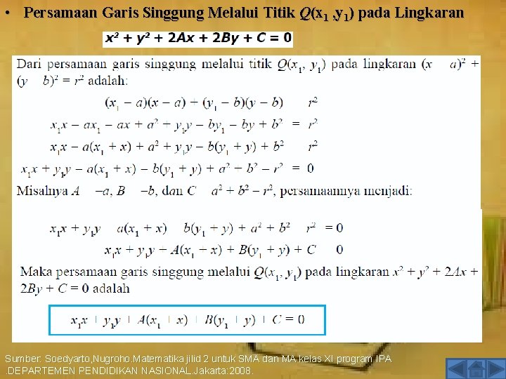  • Persamaan Garis Singgung Melalui Titik Q(x 1 , y 1) pada Lingkaran