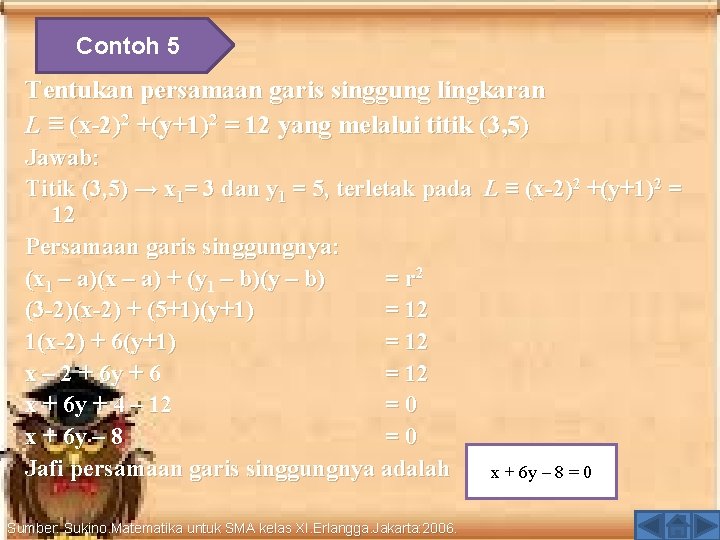 Contoh 5 Tentukan persamaan garis singgung lingkaran L ≡ (x-2)2 +(y+1)2 = 12 yang