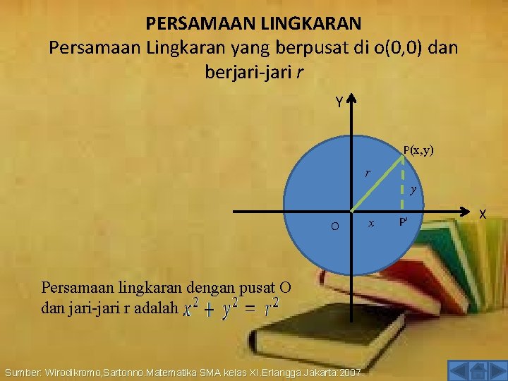 PERSAMAAN LINGKARAN Persamaan Lingkaran yang berpusat di o(0, 0) dan berjari-jari r Y P(x,