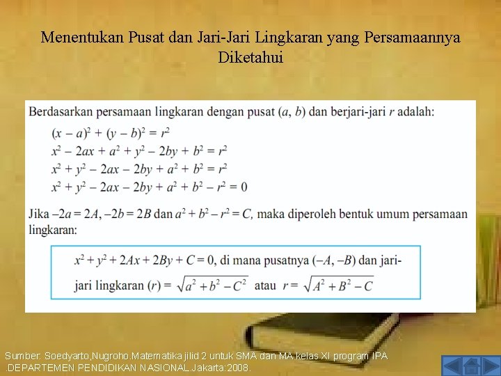 Menentukan Pusat dan Jari Lingkaran yang Persamaannya Diketahui Sumber: Soedyarto, Nugroho. Matematika jilid 2