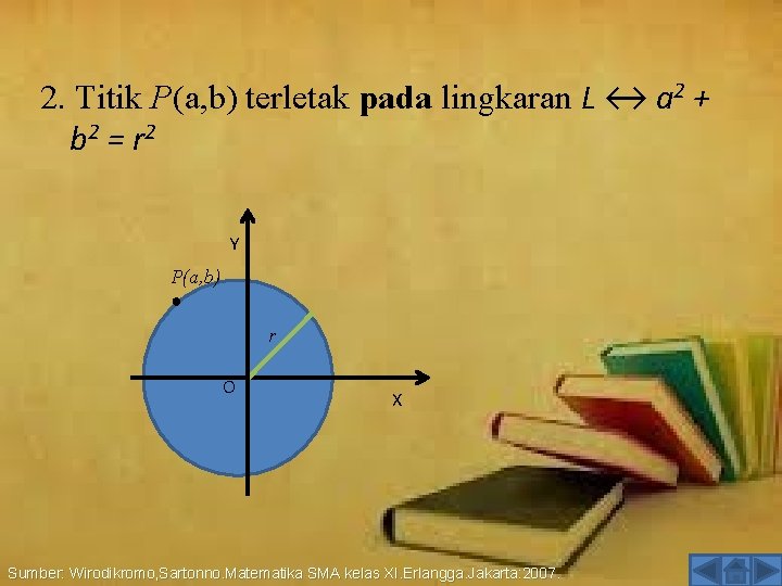 2. Titik P(a, b) terletak pada lingkaran L ↔ a 2 + b 2