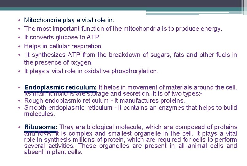• • • Mitochondria play a vital role in: The most important function • • • Mitochondria play a vital role in: The most important function