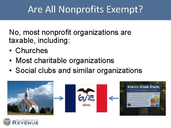 Are All Nonprofits Exempt? No, most nonprofit organizations are taxable, including: • Churches •