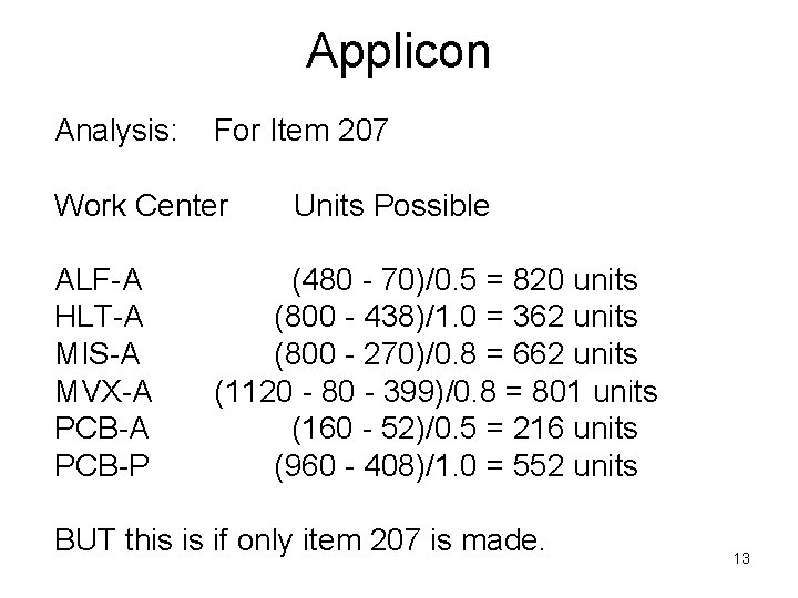 Applicon Analysis: For Item 207 Work Center ALF-A HLT-A MIS-A MVX-A PCB-P Units Possible