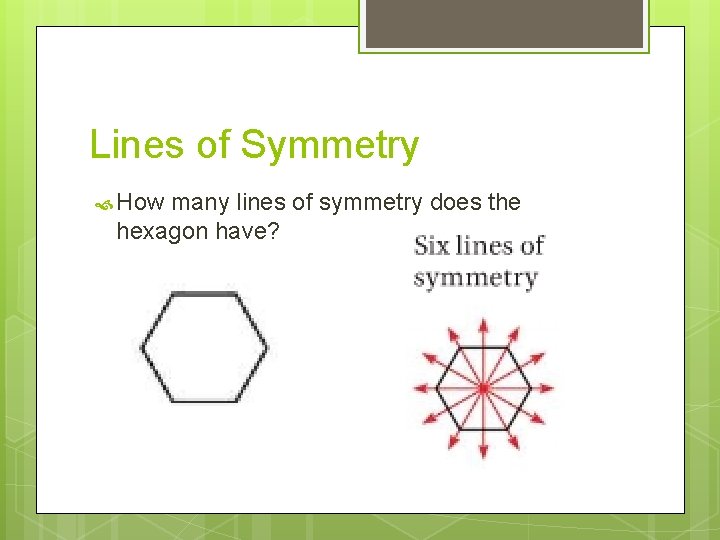 Lines of Symmetry How many lines of symmetry does the hexagon have? 