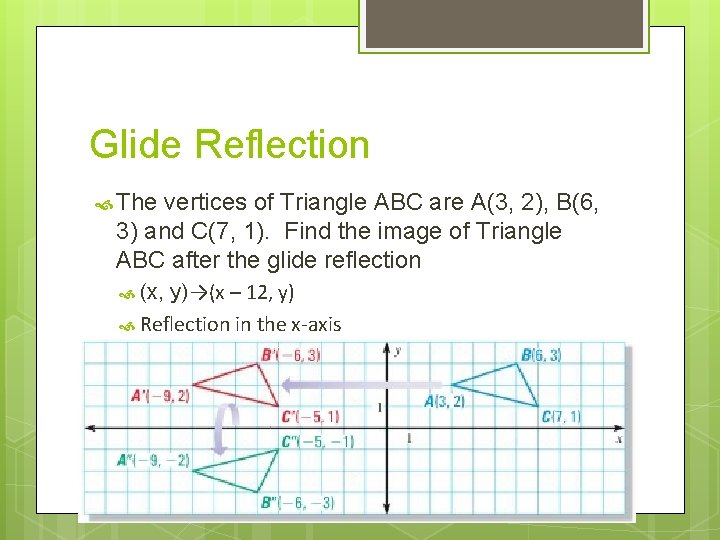 Glide Reflection The vertices of Triangle ABC are A(3, 2), B(6, 3) and C(7,