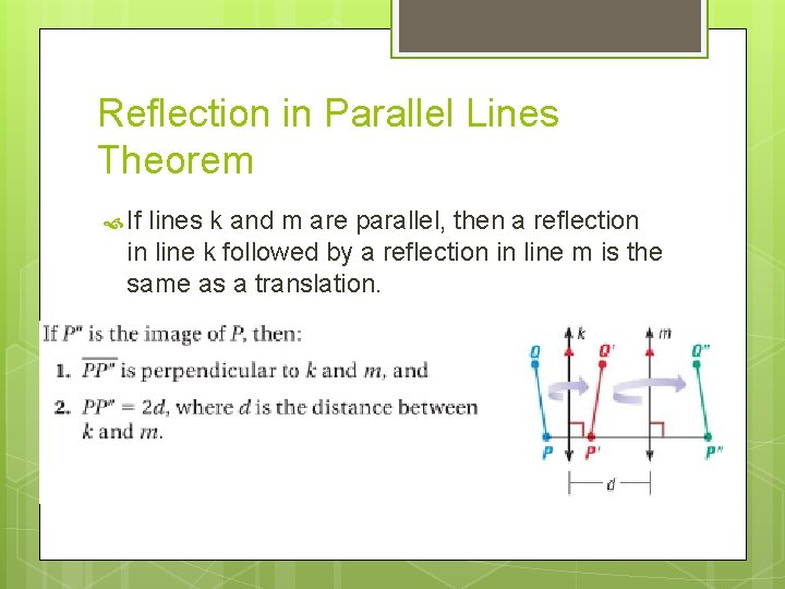 Reflection in Parallel Lines Theorem If lines k and m are parallel, then a