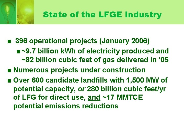 State of the LFGE Industry 396 operational projects (January 2006) <~9. 7 billion k. State of the LFGE Industry 396 operational projects (January 2006) <~9. 7 billion k.