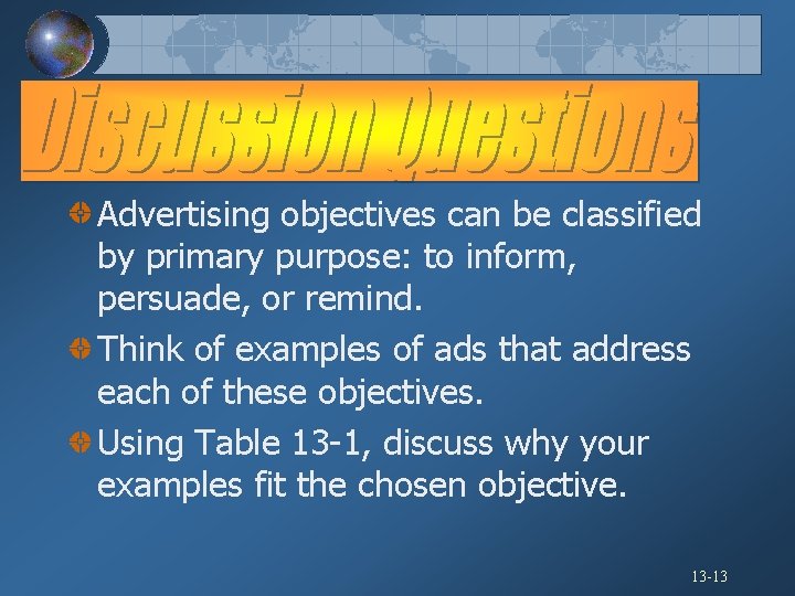 Advertising objectives can be classified by primary purpose: to inform, persuade, or remind. Think