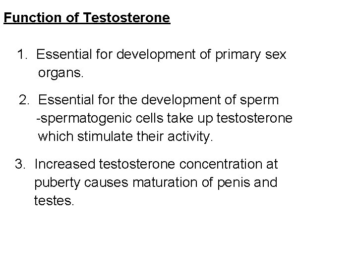 Function of Testosterone 1. Essential for development of primary sex organs. 2. Essential for