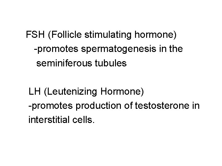  FSH (Follicle stimulating hormone) -promotes spermatogenesis in the seminiferous tubules LH (Leutenizing Hormone)