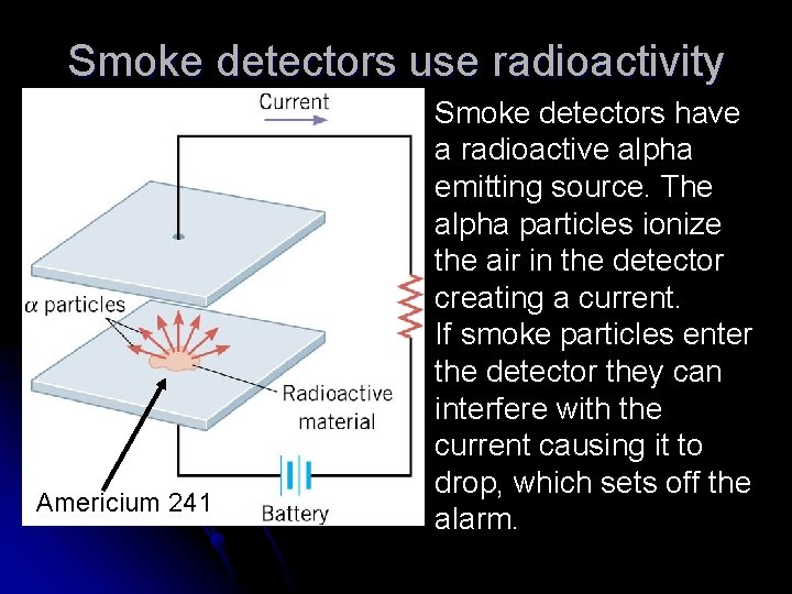 Smoke detectors use radioactivity Americium 241 Smoke detectors have a radioactive alpha emitting source.