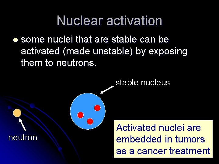 Nuclear activation l some nuclei that are stable can be activated (made unstable) by