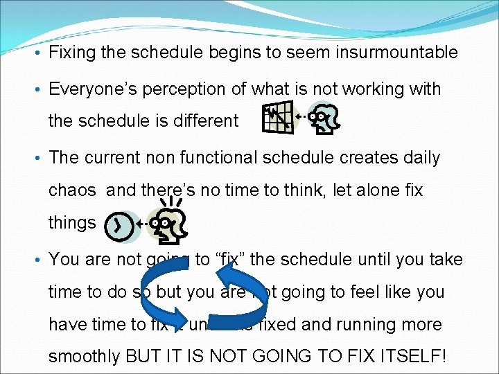  • Fixing the schedule begins to seem insurmountable • Everyone’s perception of what