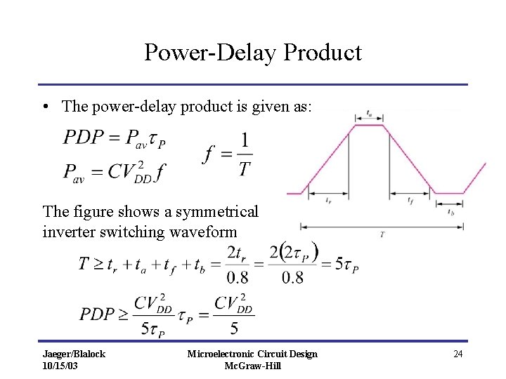Power-Delay Product • The power-delay product is given as: The figure shows a symmetrical
