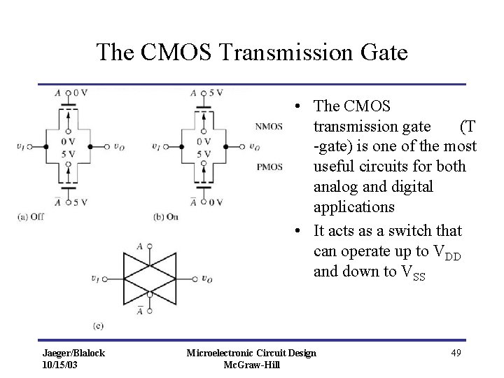 The CMOS Transmission Gate • The CMOS transmission gate (T -gate) is one of