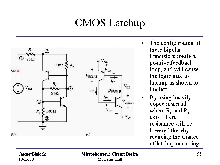 CMOS Latchup • The configuration of these bipolar transistors create a positive feedback loop,
