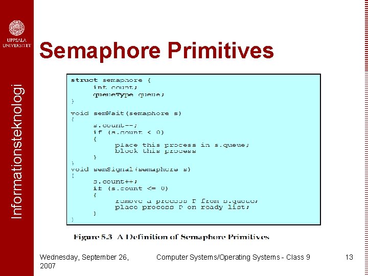 Informationsteknologi Semaphore Primitives Wednesday, September 26, 2007 Computer Systems/Operating Systems - Class 9 13