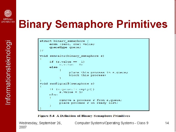 Informationsteknologi Binary Semaphore Primitives Wednesday, September 26, 2007 Computer Systems/Operating Systems - Class 9