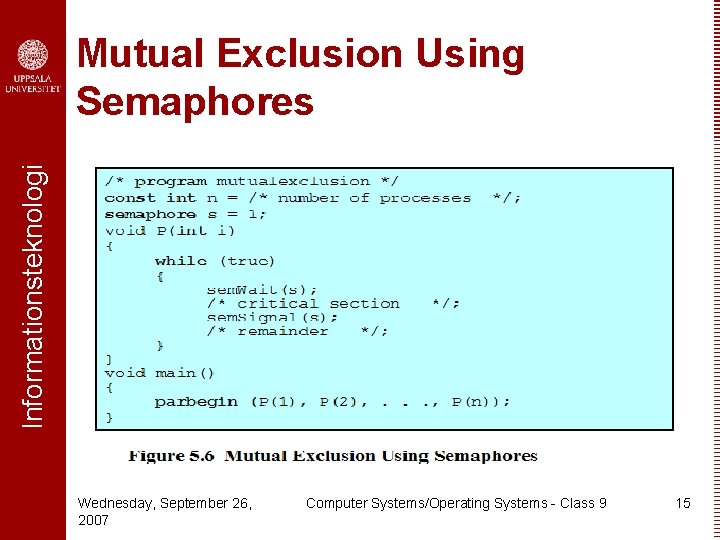 Informationsteknologi Mutual Exclusion Using Semaphores Wednesday, September 26, 2007 Computer Systems/Operating Systems - Class