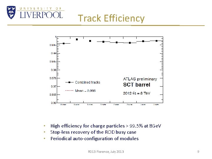 Track Efficiency • High efficiency for charge particles > 99. 5% at 8 Ge.