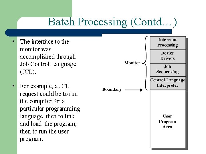 Batch Processing (Contd…) • The interface to the monitor was accomplished through Job Control