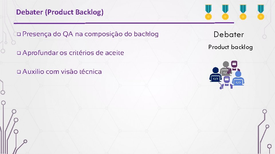 Debater (Product Backlog) ❑ Presença do QA na composição do backlog ❑ Aprofundar ❑