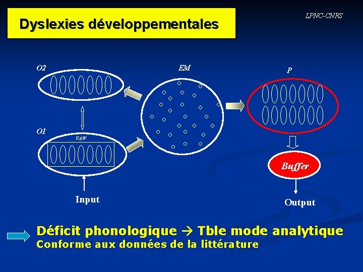 LPNC-CNRS Dyslexies développementales O 2 O 1 EM P VAW Buffer Input Output Déficit