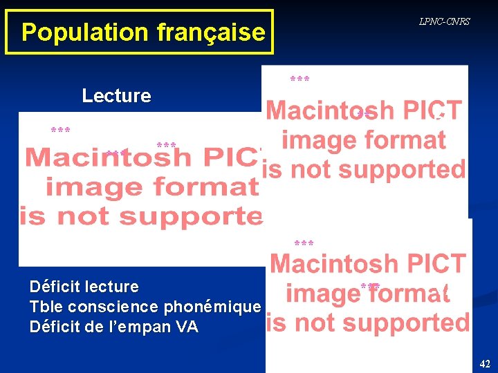 LPNC-CNRS Population française *** Lecture ** PA *** VA *** *** Déficit lecture Tble